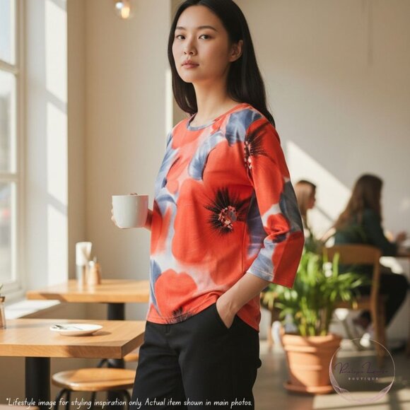 Daniel Benjamin XL – Bold Floral Top w/ Sparkle Accents – Red & Gray 3/4 Sleeve - Picture 3 of 6